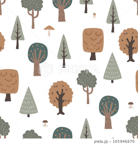 Vector autumn forest illustration. Cartoon flat Scandinavian style background, design textile fabric, wrapping paper, wallpaper, kids seamless pattern Vector autumn forest illustration. Cartoon flat Scandinavian style background, design textile fabric, wrapping paper, wallpaper, kids seamless pattern 105946870
