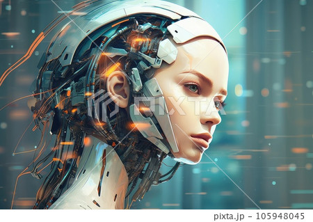 Robot with womans head photo realistic illustration - Generative AI. 105948045