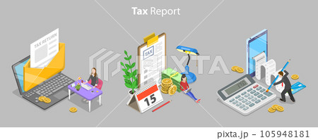 3D Isometric Flat Vector Conceptual Illustration of Tax Calcualtion Report 105948181