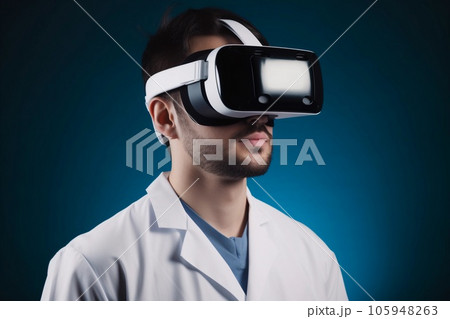 Doctor in VR glasses on blue background. Innovative medical technology and telemedicine concept. AI generated. 105948263