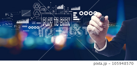 Play to Earn theme with businessman at night Play to Earn theme with businessman at night 105948570