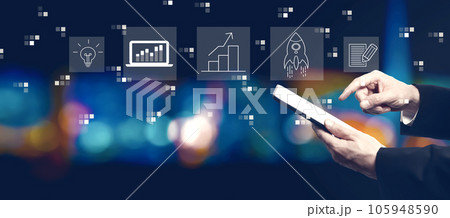 Business growth analysis with businessman using a tablet computer Business growth analysis with businessman using a tablet computer 105948590