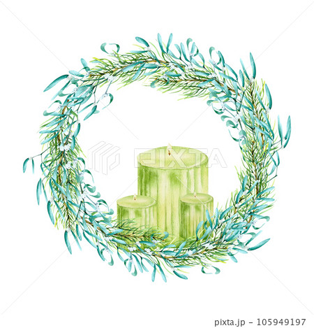 Watercolor floral wreath with geen candles. Christmas traditional wreath with mistletoe , pine tree and candles 105949197