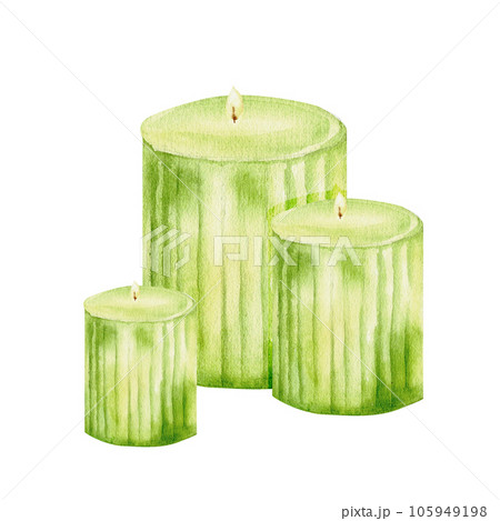 Watercolor green candles composition. Three candles different size hand drawn candles isolated 105949198
