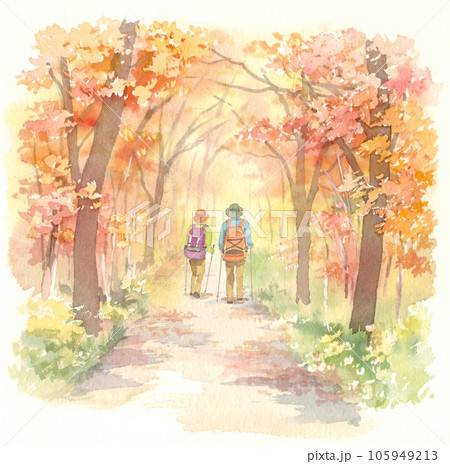 紅葉の森をトレッキングする夫婦を描いた水彩画のイラスト素材