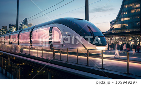 Futuristic Train Journey Amid Urban Skylines 105949297