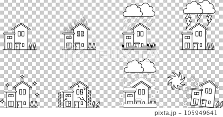 災害を受ける白黒の家のイラストセット 105949641