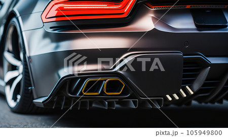 Stainless Steel Sports Car Exhaust Tip Close-Up with Showroom Bokeh Background. Generative AI. Stainless Steel Sports Car Exhaust Tip Close-Up with Showroom Bokeh Background. Generative AI. 105949800
