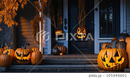 Halloween Pumpkins and Decorations Outside a House: Night View of Spooky Decor. Generative AI. Halloween Pumpkins and Decorations Outside a House: Night View of Spooky Decor. Generative AI. 105949801