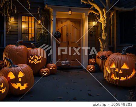Halloween Pumpkins and Decorations Outside a House: Night View of Spooky Decor. Generative AI. Halloween Pumpkins and Decorations Outside a House: Night View of Spooky Decor. Generative AI. 105949802