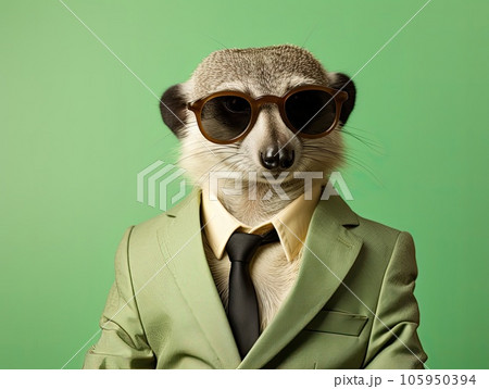 Portrait of a cute posing stylish meerkat in vibrant business suit wearing sunglasses, light green background 105950394