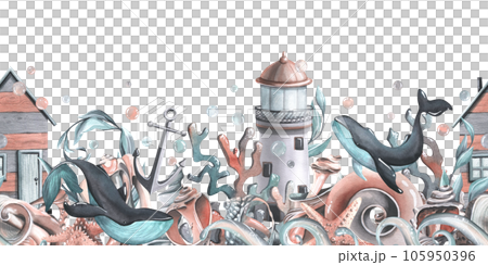 Whales with algae, seashells, starfishes, corals, algae, anchor, waves, lighthouse and beach cabin, and bubbles. Watercolor illustration hand drawn. Seamles border on a white background 105950396