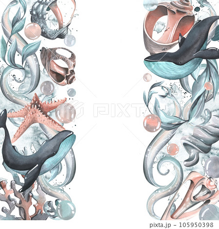 Whales with seashells, starfishes, bubbles, algae and corals turquoise. Watercolor illustration hand drawn. Template on a white background 105950398