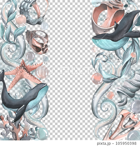 Whales with seashells, starfishes, bubbles, algae and corals turquoise. Watercolor illustration hand drawn. Template on a white background 105950398