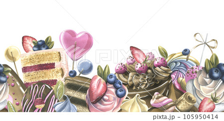 Cakes with brownies, donuts, marshmallows, lollipops, strawberries and blueberries. Watercolor illustration hand drawn. Seamless border on a white background. 105950414