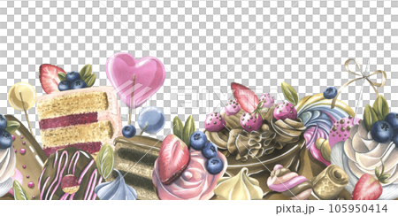 Cakes with brownies, donuts, marshmallows, lollipops, strawberries and blueberries. Watercolor illustration hand drawn. Seamless border on a white background. 105950414