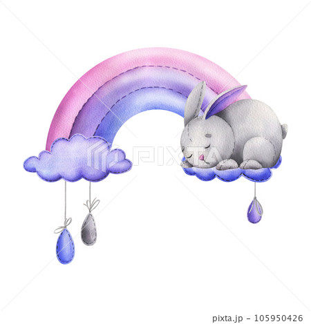 Cute bunny, sewn from fabric with thread stitches, sleeping on a rainbow with clouds and hanging raindrops. Watercolor illustration hand drawn. Isolated composition on a white background. 105950426