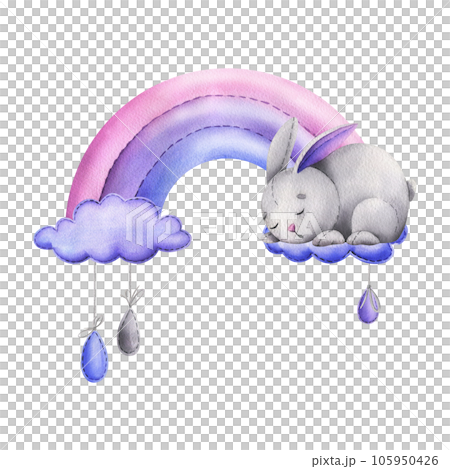 Cute bunny, sewn from fabric with thread stitches, sleeping on a rainbow with clouds and hanging raindrops. Watercolor illustration hand drawn. Isolated composition on a white background. 105950426