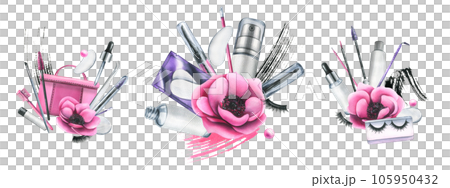 Cosmetic bag with creams, brushes and makeup products pink with flowers. Watercolor illustration, hand drawn, for a beauty salon, cosmetics manufacturers. Set of solated compositions on a white. Cosmetic bag with creams, brushes and makeup products pink with flowers. Watercolor illustration, hand drawn, for a beauty salon, cosmetics manufacturers. Set of solated compositions on a white. 105950432