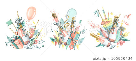 Pink champagne in bottles and glasses with birthday cake, cocktail, flags, candles and confetti. Watercolor illustration, hand drawn. Set of isolated compositions on a white background 105950434