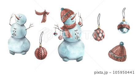 Snowman in a knitted hat and scarf with Christmas decorations on his hands-branches. Winter watercolor illustration, hand drawn. Christmas set of isolated objects on a white background. 105950441