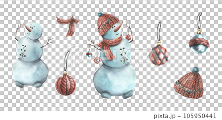 Snowman in a knitted hat and scarf with Christmas decorations on his hands-branches. Winter watercolor illustration, hand drawn. Christmas set of isolated objects on a white background. 105950441