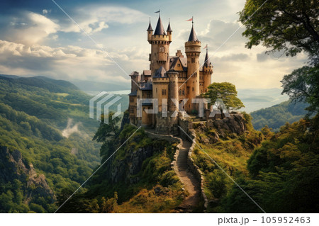 medieval fantasy castle on a big mountainのイラスト素材 [105952463] - PIXTA