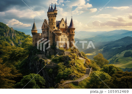 medieval fantasy castle on a big mountainのイラスト素材 [105952469] - PIXTA