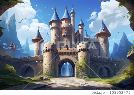 medieval fantasy castle on a big mountain. Cartoon style medieval fantasy castle on a big mountain. Cartoon style 105952473