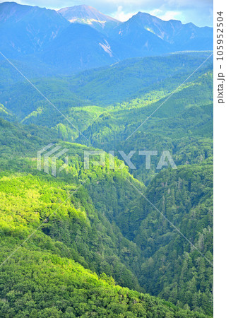 《岐阜県》下呂市　溶岩流展望台から夏の御嶽山の山並み 105952504