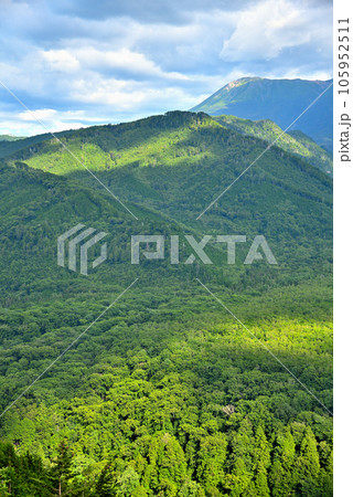 《岐阜県》下呂市 溶岩流展望台から夏の御嶽山の山並み 《岐阜県》下呂市 溶岩流展望台から夏の御嶽山の山並み 105952511