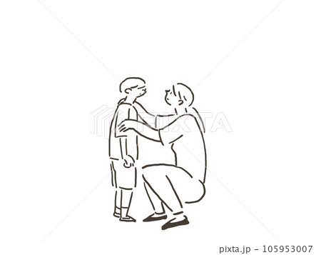 しゃがんで子供の顔をみるお母さん（女性）（線画） 105953007