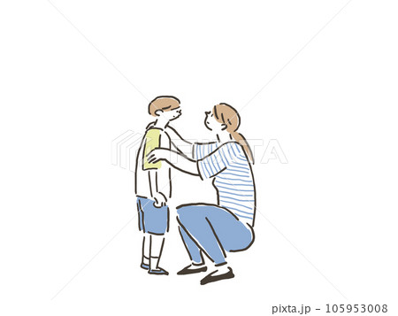 しゃがんで子供の顔をみるお母さん(女性) しゃがんで子供の顔をみるお母さん(女性) 105953008