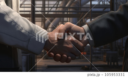 handshake between mans in leathers jackets against the background of the industrial factory 105953331
