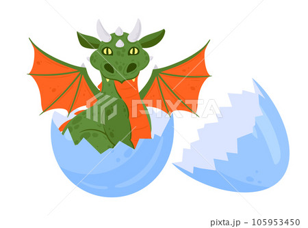 Cartoon baby dragon. Cute newborn medieval baby dragon. Winged little dragon flat vector illustration on white background 105953450