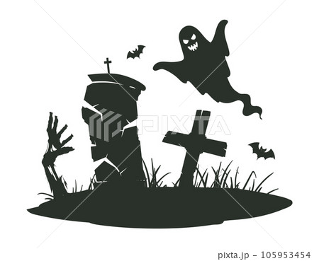 Cartoon grave with zombie hand and ghost. Halloween monster zombie scrawny hand sticking out from gravestone silhouette flat vector illustration. Creepy Halloween poster 105953454