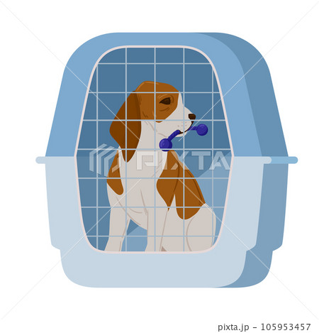 Cartoon spaniel in dog cage. Dog help adoption shelter or pet shop, cocker spaniel puppy in dog hotel flat vector illustration Cartoon spaniel in dog cage. Dog help adoption shelter or pet shop, cocker spaniel puppy in dog hotel flat vector illustration 105953457