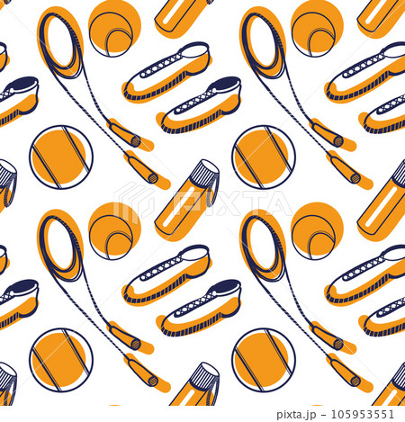 Seamless vector pattern on a white background. Sports equipment, balls, jump rope, sneakers drawn in blue and orange on a tablet. Suitable for printing on fabric, paper Seamless vector pattern on a white background. Sports equipment, balls, jump rope, sneakers drawn in blue and orange on a tablet. Suitable for printing on fabric, paper 105953551