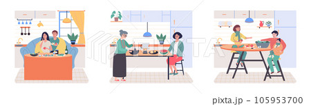 People cooking vegetarian food. Vector illustration. Man and woman with children preparing food for dinner. People cooking. Husband and wife are preparing together. Man and woman in the kitchen 105953700