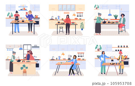 People cooking vegetarian food. Vector illustration. Homemade food, dinner, cozy atmosphere. Happy family cooking dinner together in modern kitchen. Parents and kids preparing lunch isolated on white 105953708