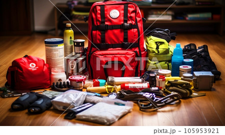 防災グッズ、床に並べられた防災セット　AI生成画像 105953921