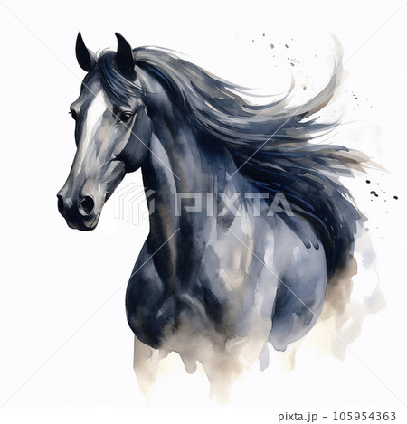 Black horse portrait isolated on transparent background. Watercolour illustration. 105954363