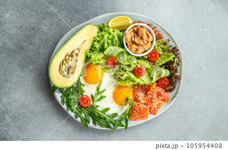 Healthy eating food vegetables salad, avocado, fish, eggs, nuts peanut paste. low carb keto ketogenic diet. Long banner format. top view Healthy eating food vegetables salad, avocado, fish, eggs, nuts peanut paste. low carb keto ketogenic diet. Long banner format. top view 105954408