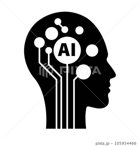 AI, Artificial intelligence icon of man human face with a digital chip on brain for computer and technology silhouette illustration AI, Artificial intelligence icon of man human face with a digital chip on brain for computer and technology silhouette illustration 105954466