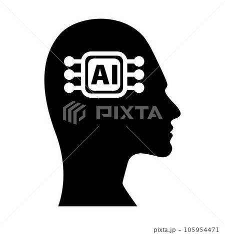 AI, Artificial intelligence icon of woman human face with a digital chip on brain for computer and technology silhouette illustration AI, Artificial intelligence icon of woman human face with a digital chip on brain for computer and technology silhouette illustration 105954471