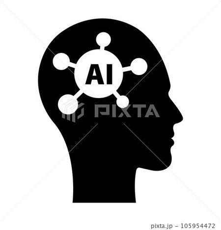 AI, Artificial intelligence icon of man human face with a digital chip on brain for computer and technology silhouette illustration 105954472