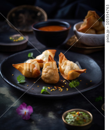 AI generated restaurant serving Delhi street Foodie, samosas 105954763