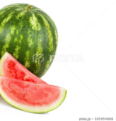 Watermelon whole and watermelon slices isolated on white. Free space for text. 105954888