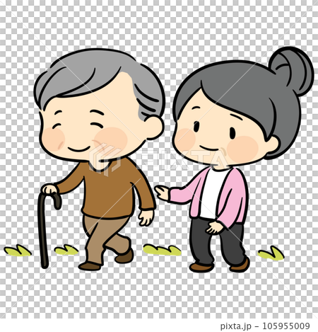 A simple and cute illustration of an elderly man walking with a cane and an elderly woman supporting it A simple and cute illustration of an elderly man walking with a cane and an elderly woman supporting it 105955009