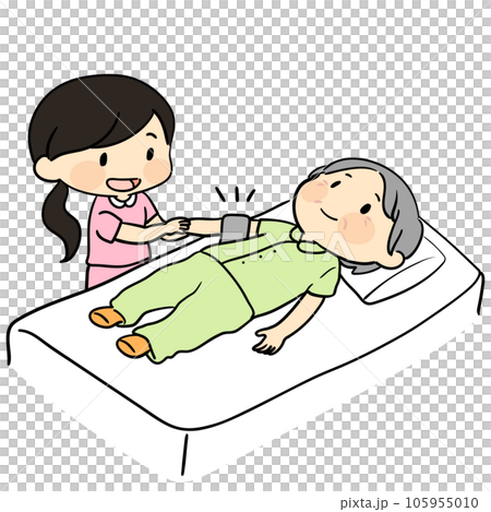 Cute illustration of an elderly woman sleeping in bed with a nurse measuring blood pressure 105955010